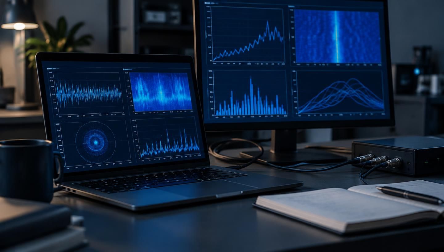 Testopstelling met laptop en tweede scherm waarop meetgrafieken van een pilot staan