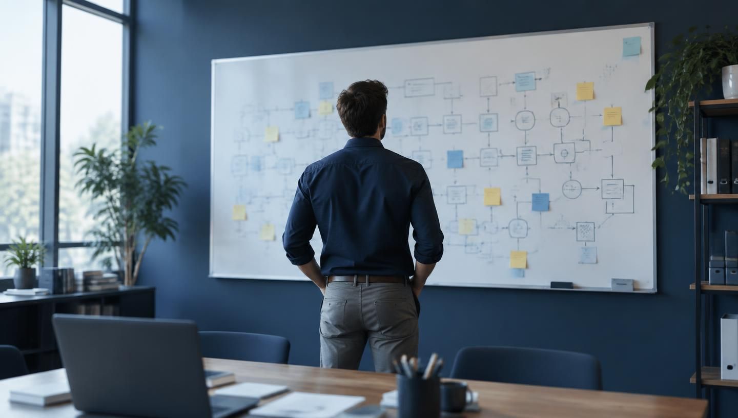 Iemand bestudeert aan een wandbord een bestaand werkproces met schema’s en notities