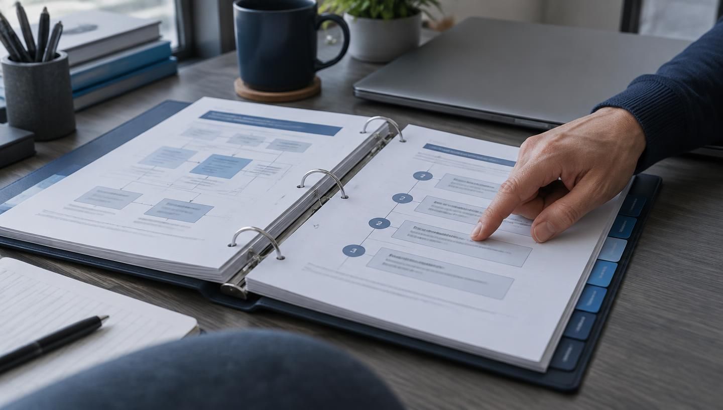 Open werkmap met stapsgewijze instructies naast een laptop, een hand wijst een stap aan