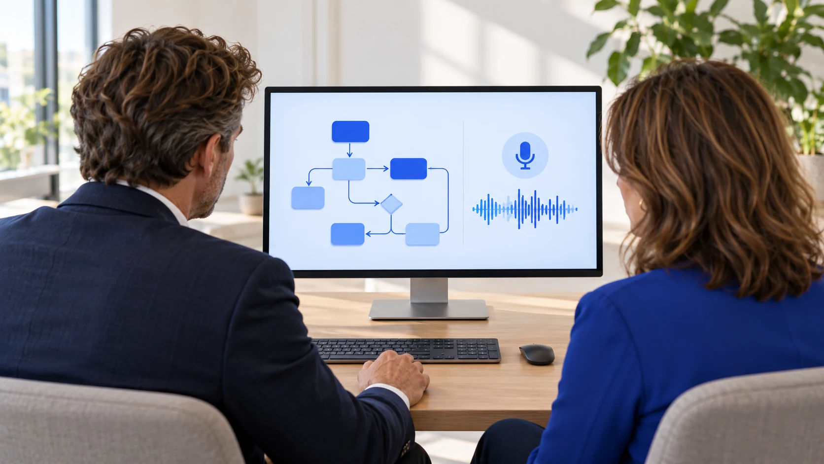 Twee professionals bekijken samen een monitor met een softwareproces en een spraakgolf voor AI in telefonie