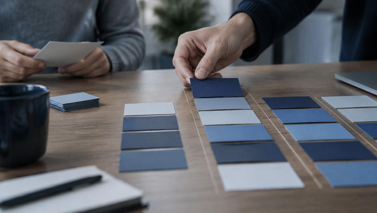Geordende keuzekaarten in prioriteitsrijen op een tafel, een hand legt een kaart bovenaan