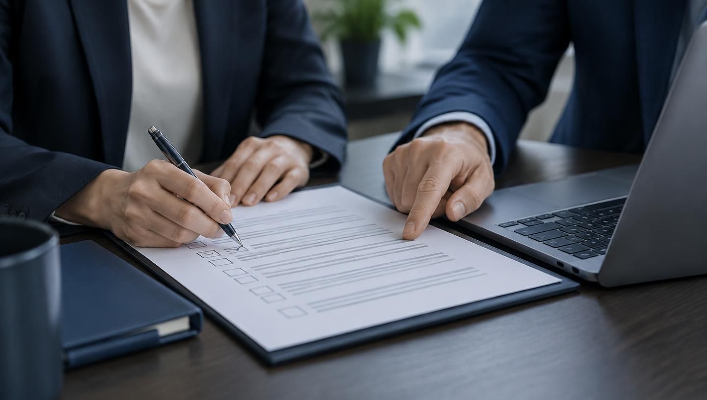 Twee mensen nemen samen een afsprakendocument met controlelijst door naast een laptop