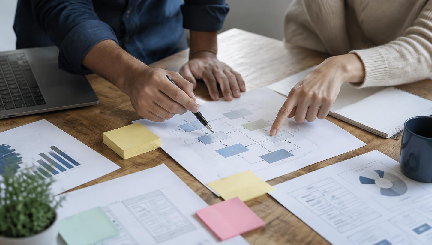 Collega’s wijzen aan een werktafel naar uitgeprinte processchema’s