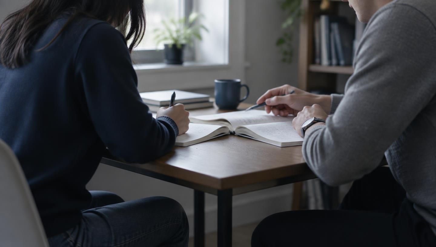 Rustige één-op-éénwerksessie aan een kleine tafel met een open werkboek en aantekeningen