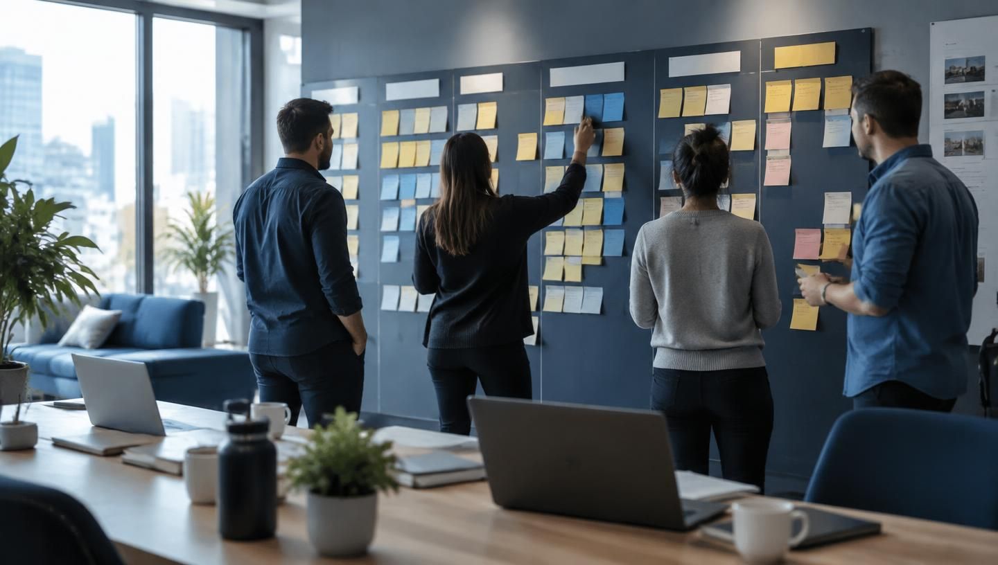 Team werkt in een ruime werkruimte aan een verbeterbord met kolommen en notities