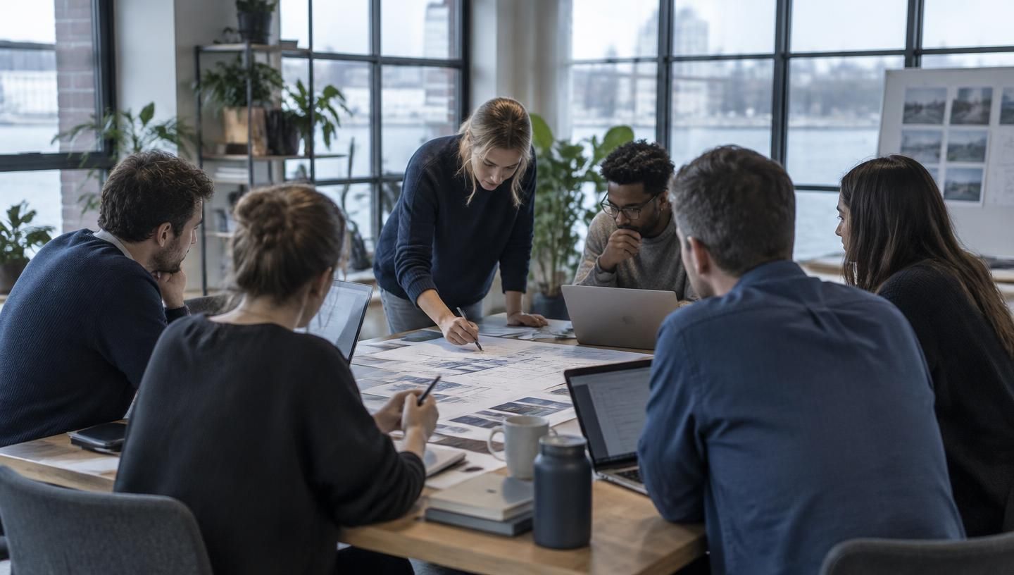 Brede workshop met meerdere collega’s rond één gezamenlijke werktafel met laptops en schema’s